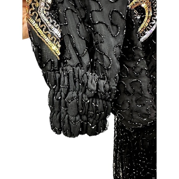 Mob wife era 80s VTG Lillie Rubin Blk/Gld Sequined Silk Hobble Dress Black Sz L - Picture 6 of 9